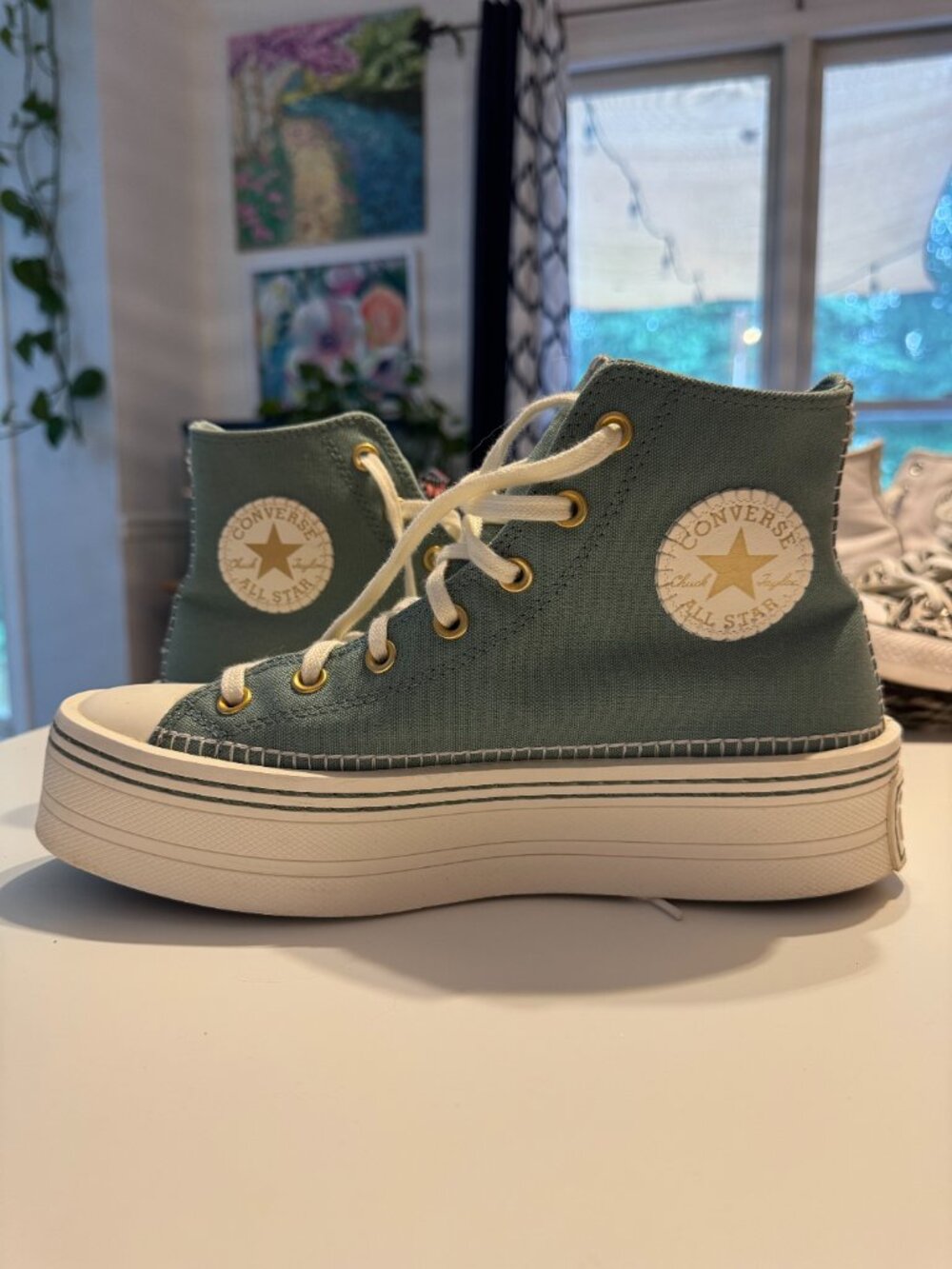 Converse Chuck Taylor Move Platform High Top Sage Daisy Stitch Sneakers 9.5